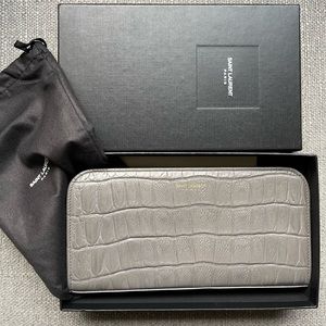 Saint Laurent Croc Embossed Zip Around Wallet